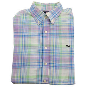 Vineyard Vines Shirt Mens Large Slim Fit Whale Blue Yellow Pastel Plaid Spring